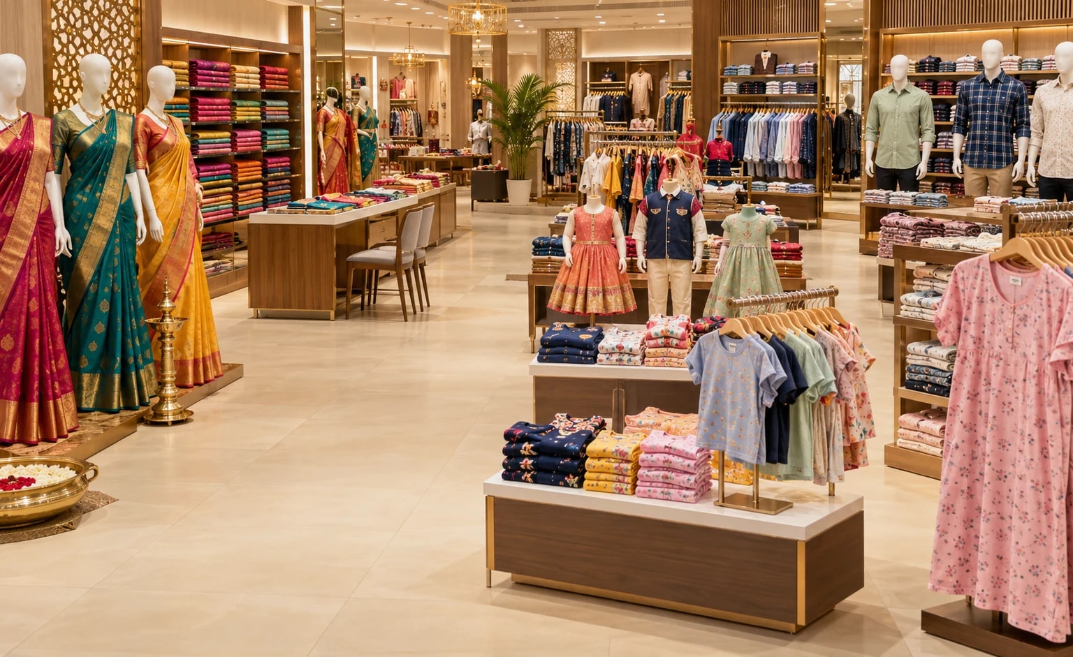 Women’s, men’s and children’s clothing in a Tamil Nadu showroom