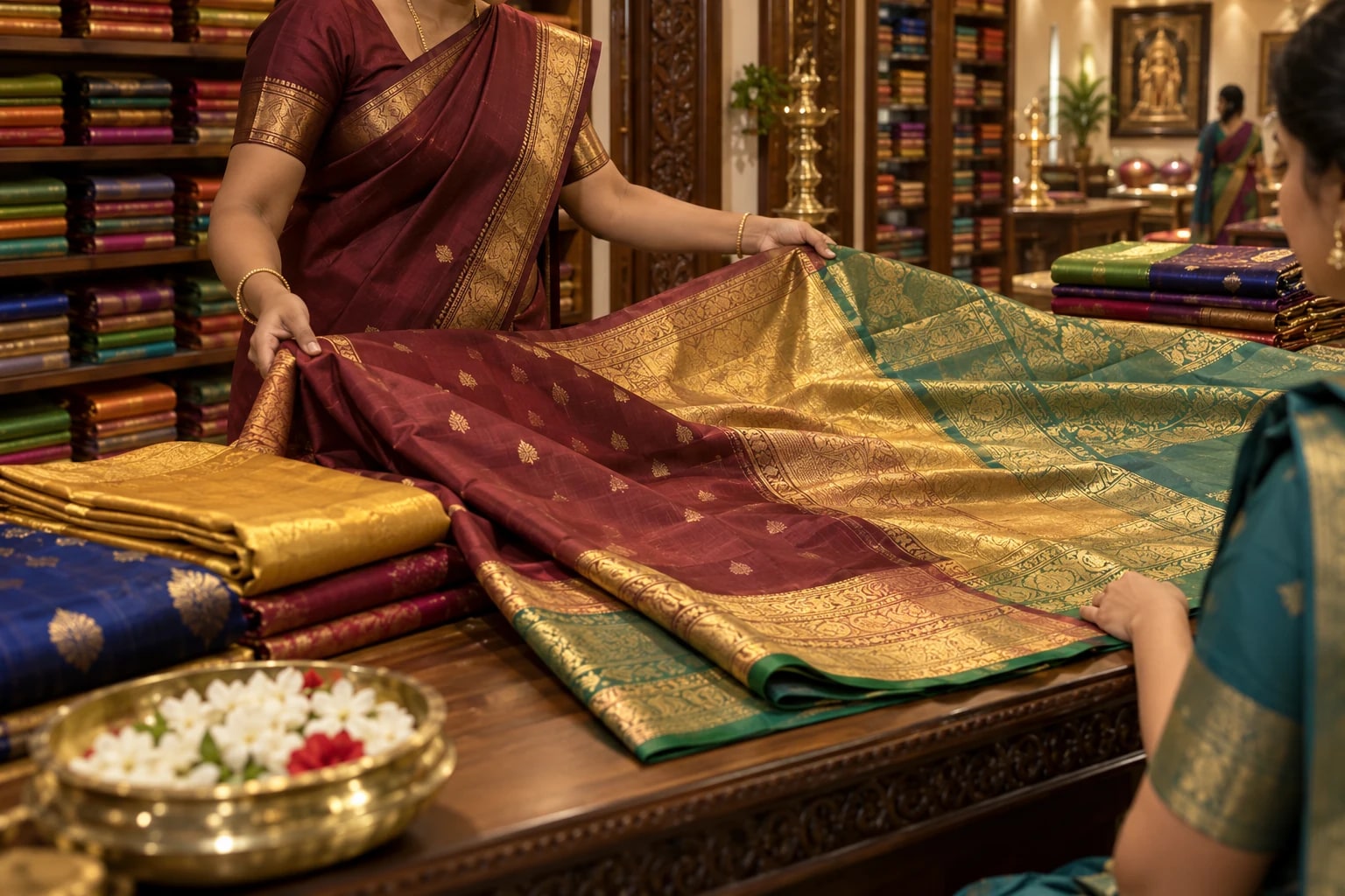 Silk sarees opened across a wholesale textile counter